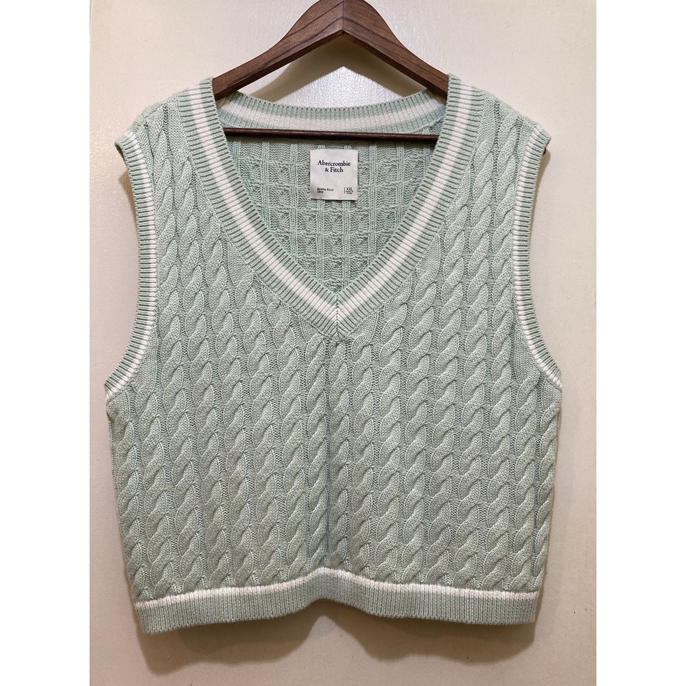 Abercrombie & Fitch Womens Sweater Vest Green Cable Knit XXL ‎ Academia Preppy